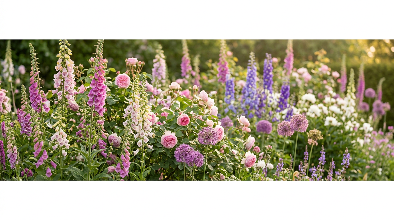 Cottage garden border with foxgloves, roses and alliums in full bloom